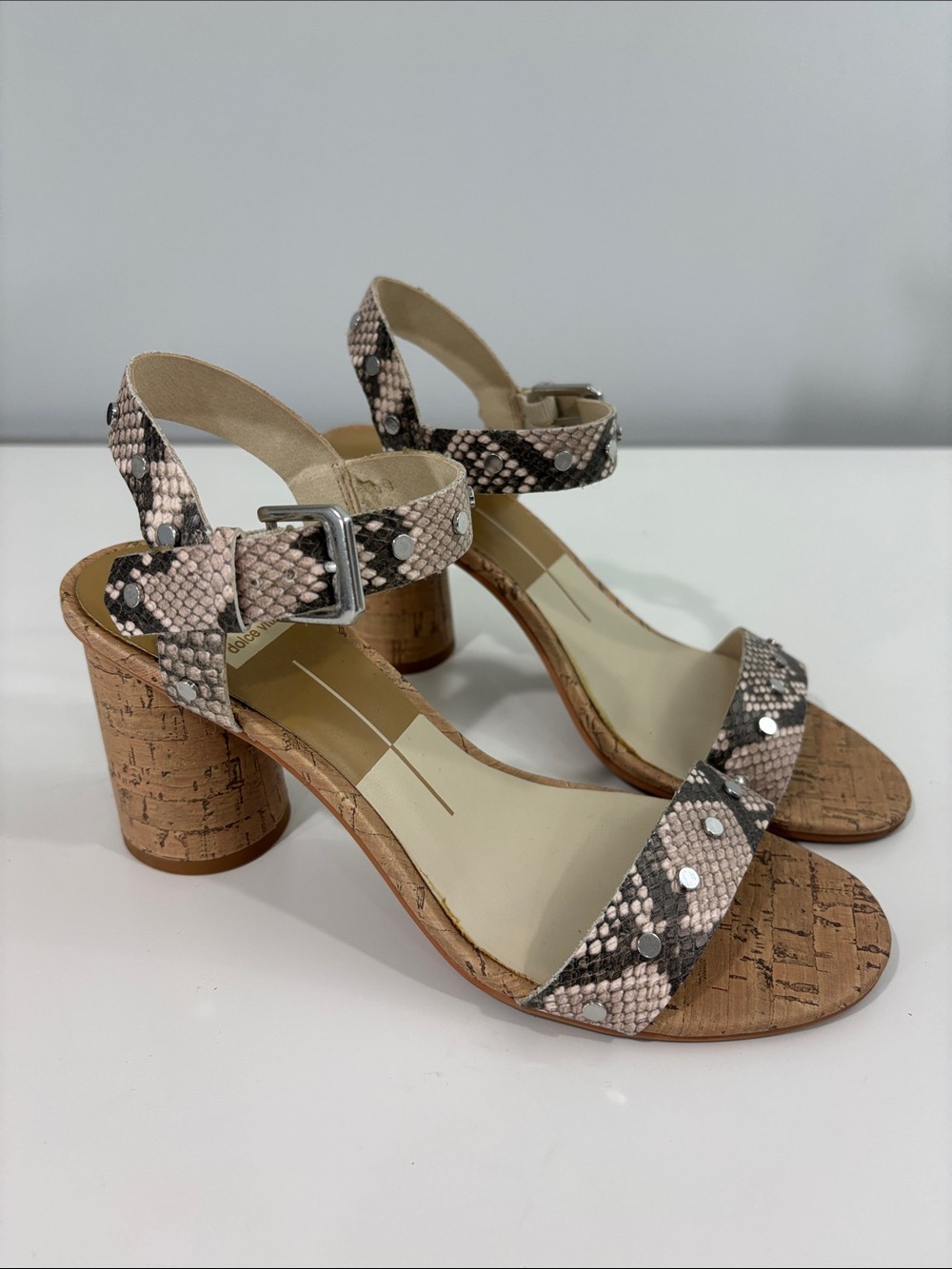 Dolce Vita Jacks Studded Snakeskin Cork Block Heel Sandals Wmns 7.5